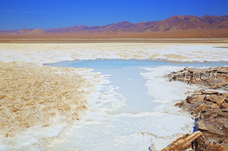 Baltinache的Lagunas escondidas - Baltinache和Atacama salar flats - Turquoise salt lakes mirrored reflection and田诗化的阿塔卡马沙漠，火山景观全景- San Pedro de Atacama，智利，Bolívia和阿根廷边境